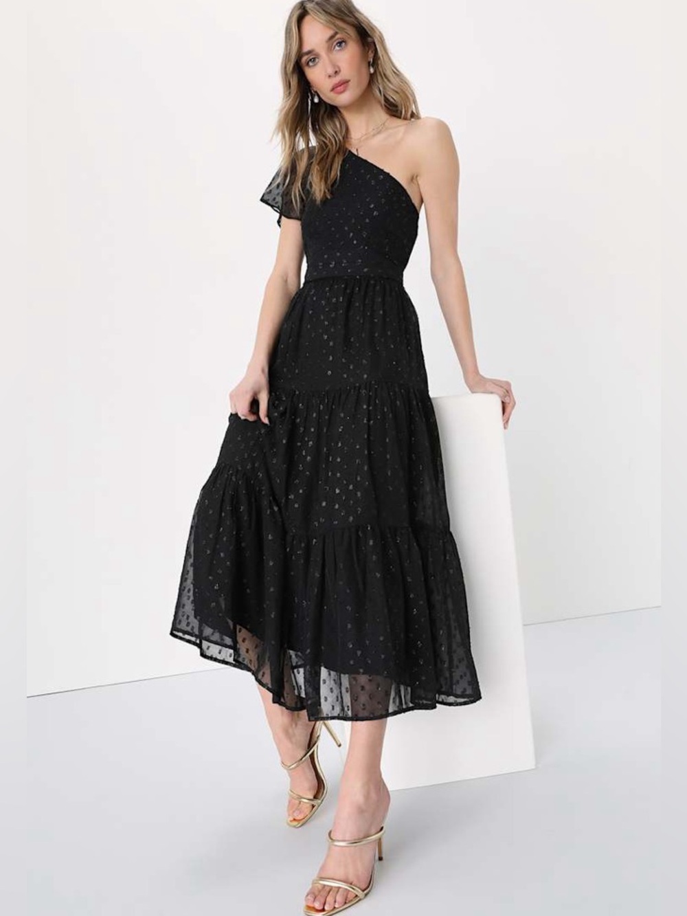 Lulu's Shining Sight Black Metallic Gold Dotted Midi Dress Wedding Guest L NWT